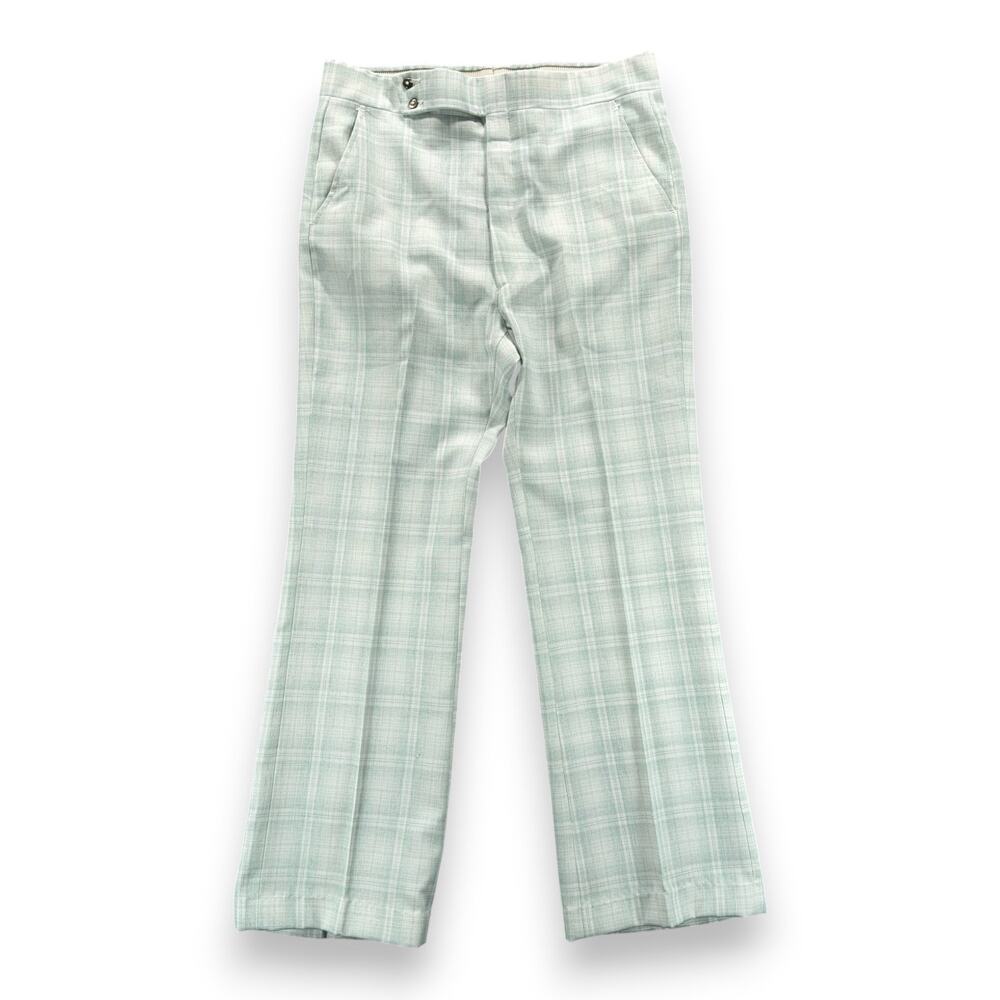 Vintage Haggar Pants Mens 34x30 White Green Plaid Talon Zipper Disco Expando 70s